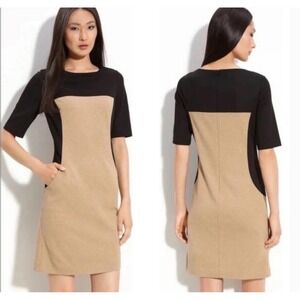 Trina Turk Bea Dress Black‎ Camel Viscose Mini Dress Pockets Size 6 Office $278